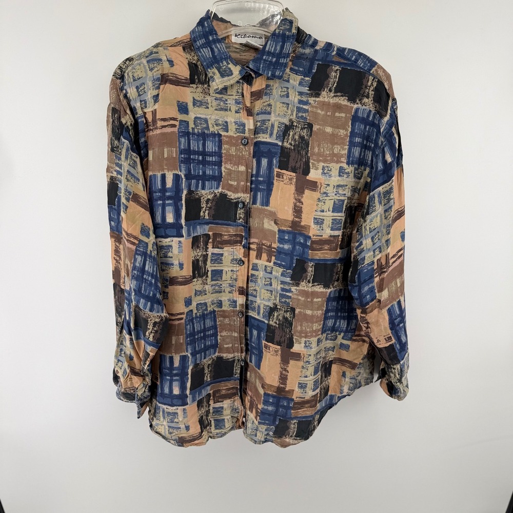 Vintage 100% Silk Kikomo Abstract Geometric Button Down Blouse Blue Tan Large